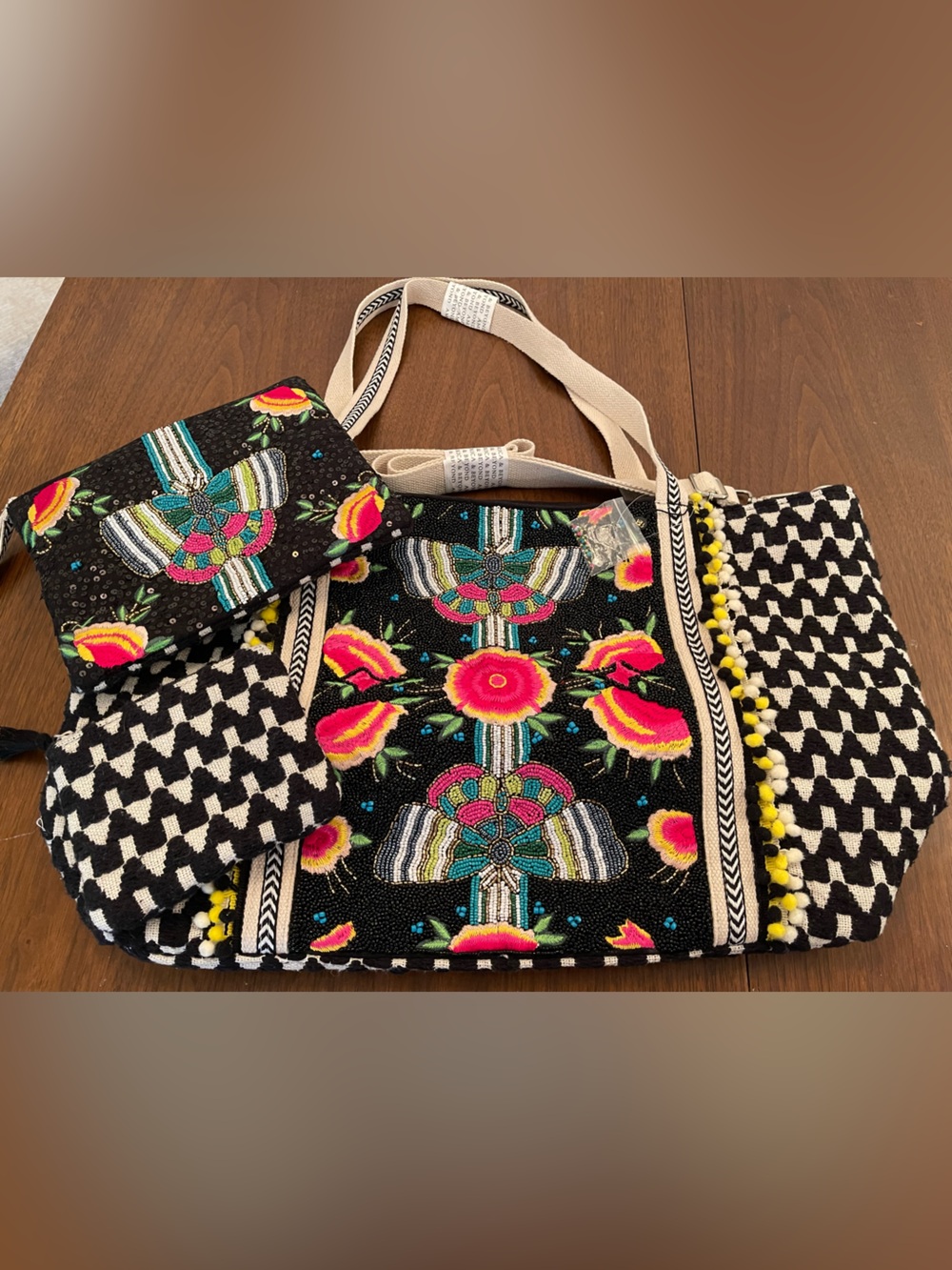 NWT America and Beyond Embroidered Black Floral Tote Bag with Accent Pom Trim - Picture 4 of 15